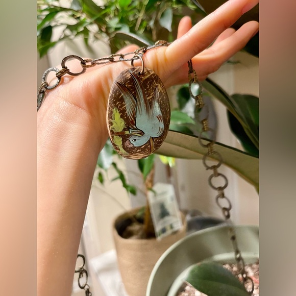 Vintage Jewelry - Handpainted Blue Parrot Bird Necklace Handmade Chain